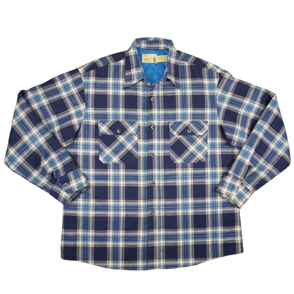 Vintage Sears Fieldmaster Plaid Flannel Shirt Shacket Mens XL Blue Quilted 60s